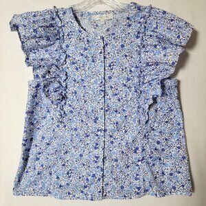 Sugarlips Womens Button Down Top Sz M Ruffled Sleeves 100% Cotton Blue & White